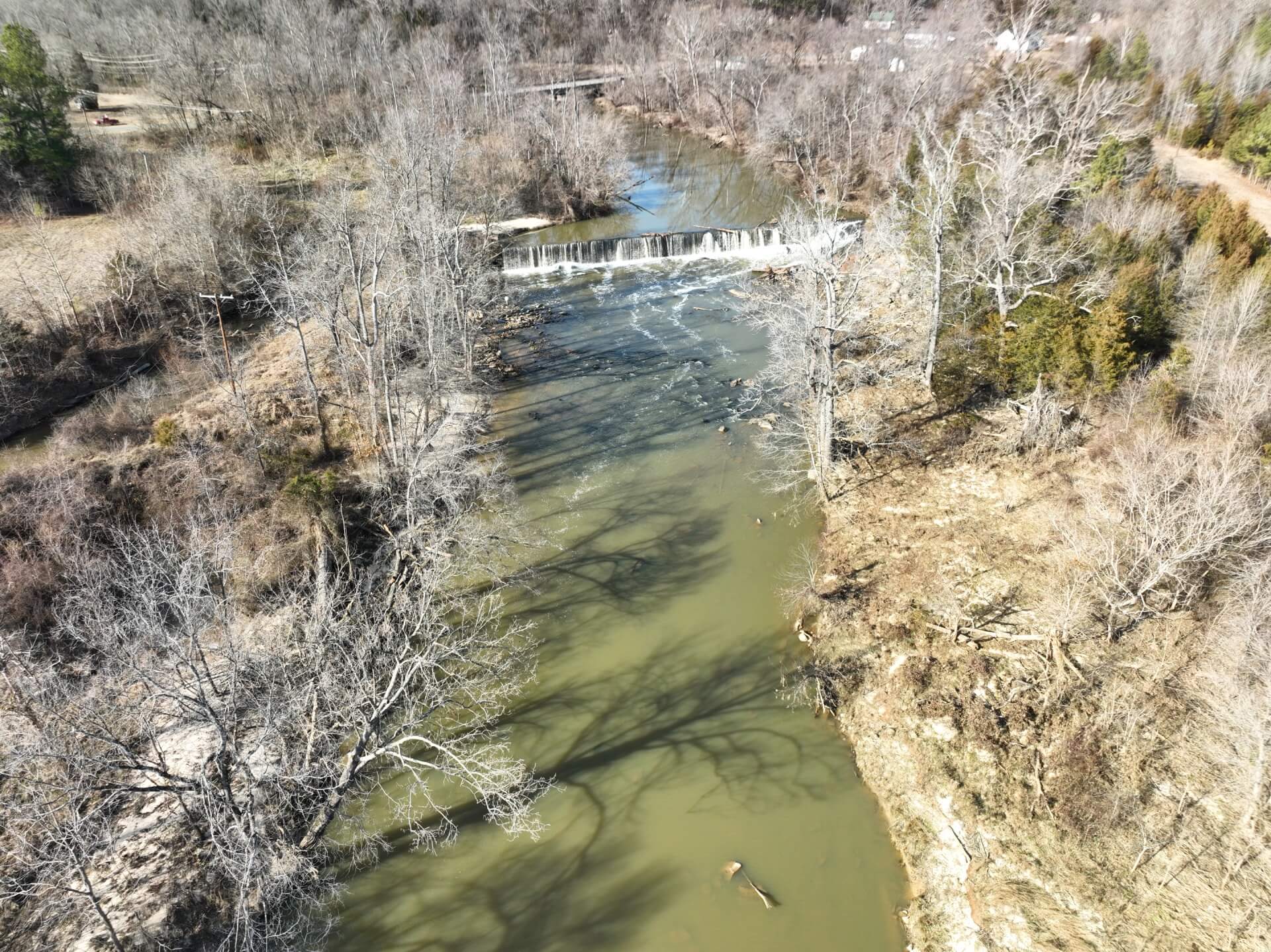 overhead shot of ossipee mill dam haw rive